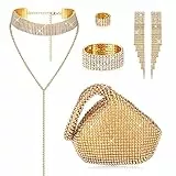 Kakonia 6 teiliges Damen-Kristall-Schmuck-Set, Strass-Halskette, Stretch-Armreif, Ring, Fransen, Ohrringe, Dreieck, Glitzer, Bling, Geldbörse für Braut, Hochzeit, Party