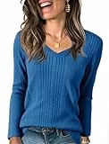 Imily Bela Damen Langarmshirt V-Ausschnitt Leicht Sweatshirt Elegant Herbst Longshirt Herbst Longsleeve Tunika Oberteil Dunkelblau M