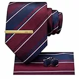 Hi-Tie 177,8 cm extra lange Krawatten für Herren, Seide, Herren, lange Krawatten und Einstecktuch, Manschettenknöpfe, Clipnadel-Set, Krawatte für Business, Blau, Burgunderrot, M