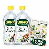 SURIG Essigessenz 400ml mit 25% Essigsäure im 2er Set + Mini Guide - 100% pflanzlicher Essig zum Reinigen und Entkalken in Küche und Haushalt - Lebensmittelqualität zum Kochen und Einlegen