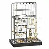SONGMICS Schmuckständer, Schmuckhalter, Metallrahmen, Schmucktablett Samt, Schmuckaufbewahrung für Halsketten Armbänder Ohrringe Ohrstecker Ringe, Geschenkidee, schwarz JJS021B01