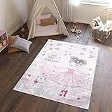 TAPISO Emma Teppich Waschbar bei 30 Grad Rosa Ballerina Katze Herzen bedruckter Kinderteppich Antirutsch Kinderzimmer Jugendzimmer Modern ÖKO-TEX 120 x 170 cm
