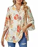 BAISHENGGT Damen Tuniken Bluse 3/4 Ärmel Elegant V-Ausschnitt Casual Flowy Doppellagig Mesh Oberteil Aprikose Blumen S