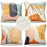 DakTou Kissenbezug 40x40 Outdoor Kissen Sofakissen Dekokissen Kissenbezüge Boho Abstrakt Blätter Frühling Sommer Wasserfest Leinen Kissenhülle für Sofa Couch Bett Auto Garden Terrasse Blench 4er Set