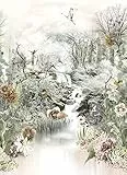 Komar Fototapete FABLE | 184 x 254 cm -Tapete, Wand Dekoration, Japan, Garten, Blumen, Vogel, Wald, Fluss, Kunst, Schlafzimmer, Wohnzimmer | 4-203