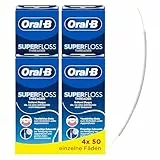 Oral B Superfloss Zahnseide, Entfernt Plaque & Zahnstein, Verstärktes Ende oder Flauschige Mitte für enge und weite Räume, Zur Reinigung von Zahnspangen und Apparaturen,4x50 vorgeschnittene Fäden,Blau