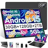 SUAAT 2025 Tablet 10 Zoll Android 15 mit 30GB+128GB, WiFi 6, BT 5.0, 6000mAh, Dual Camera 8+5MP,1280 * 800, Cast, OTG, Type C, mit Hülle, Tastatur & Maus -Schwarz