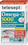 tetesept Omega-3 1000 - Seefisch- und Lachsöl Kapseln – Hochdosierte Omega 3 Fettsäuren DHA, EPA & Vitamin E - Nahrungsergänzungsmittel zur Unterstützung des Herz-Kreislauf-Systems – 1 x 80 Stück