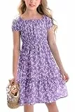 Haloumoning Mädchen Kleider Eckiger Ausschnitt Blumenkleid Kleider Sommer Puffärmel A-Linie Midikleid Kinder Partykleid,Violett,7-8 Jahre