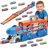 VATOS Dinosaurier Transport Truck Auto Spielzeug - 2 in 1 Auswurf Folding Portable Track Auto Spielzeug mit 8 Race Cars, Träger Fahrzeuge Spielzeug-Set für Kinder Jungen 3-5 Jahre alt
