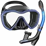 Dorlle Schnorchelset, Neu Verbesserte Panorama Schnorchelmaske, wasserdichte Tauchmaske Anti-Fog Anti-Leck aus Gehärtetem Glas, mit 3-Kanal Premium Dry Schnorchel für Erwachsene, Blau