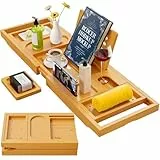 Yirilan Badewannenablage Bambus Faltbares, 41 Fuß Badewannentablett einziehbar,Verstellbar Badewannenbrett mit Buchstützen, Seifenhalter, Handtuchhalter und Weinglashalter