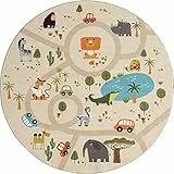 the carpet Happy Life – Kinderteppich Spielteppich mit Straßen‑Motiv, Dschungel, Tiere & Autos, rutschfest & pflegeleicht, ideal fürs Kinderzimmer, Rund, Beige, 160 x 160 cm