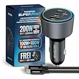 PORTENTUM Zigarettenanzünder USB C 200W + 100W USB-C Kabel – Triple Auto Ladegerät – Dual USBC PD 100W + USBA QC 18W – 12V USB Adapter Auto für iPhone iPad MacBook Android Tablet Smartphone