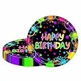 MORAINJAY 16 Stück Neon Glow Pappteller Geburtstagsdeko, Geburtstag Party Geschirr, Leuchtende Partygeschirr Set, Kindergeburtstag Set mit 9 Zoll Pappteller Geschirr Set für Geschirr Schwarzlicht