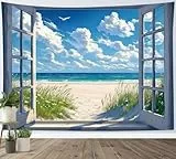 LB Wandteppich Tropischer Strand Wandtuch Blaues Meer Grüne Pflanzen Sommer Natur Landschaft Wandbehang Wand Deko für Wohnzimmer Schlafzimmer Wohnheim,150x100cm