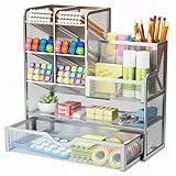 Marbrasse Netz Schreibtisch-Organizer,Multifunktionaler Stiftehalter mit Schublade,Aufbewahrung Regal für Schul Heim Büro Bedarf (Sliber)