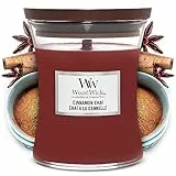 WoodWick mittelgroße Duftkerze im Sanduhrglas mit knisterndem Docht | Cinnamon Chai | Brenndauer bis zu 60 Stunden