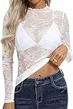 Kate Kasin Damen Long Sleeve Mock Neck Sheer Top Party Club Floral Mesh Lace Blouse Going Out Tops Weiß M