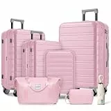 LARVENDER Koffersatz 6-teilig, erweiterbarer Hartschalenkoffer mit Drehradrollen und Schloss, leichtgewichtiger Hartschalen-Reisekoffer für Damen und Herren, Farbe: Rosa