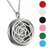 Flongo Duft Kette Aromatherapie Aroma: Halskette für Ätherische Öle Edelstahl Rose Blume Duftkette Diffuser mit 6 Farbigen Filz Pads ölpads Silber für Damen Frauen