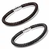 Aroncent 2PCS Herren Damen Armband, Geflochten Lederarmband Armreif Armschmuck Handgelenk mit Edelstahl Magnet Verschluss, 9in. Schwarz Braun