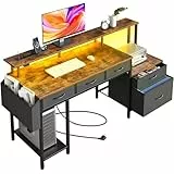 Rolanstar Schreibtisch mit Steckdose, Computertisch mit 5 Schubladen, LED, Aufbewahrungstasche & Monitorständer, Moderner Eckschreibtisch für Homeoffice & Gaming (Vintagebraun)