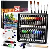 DazSpirit 24 Farben Acrylfarben Set mit 6 Pinselset+2 Leinwand+1 Mischpalette+1Mischmesser, Akrylfarbenset für Künstler, Anfänger & Kinder, Acryl Farben für DIY Steine, Holz, Lichtecht, Mischbar