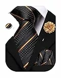 Hi-Tie Klassische Krawatte mit Taschentuch und Manschettenknöpfen für Herren, Schwarz Gold A, M