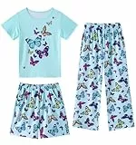 Fanient Schlafanzug Mädchen Niedliche Blau Schmetterling Drucken Pyjamas Sets Dreiteiliger Pyjama für Mädchen 11-12 Jahre