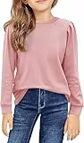 Haloumoning Mädchen Langarm T-Shirt Baumwolle Rundhals Top Leichtgewicht Sport Langarmshirt Basic Casual Sweatshirt Rosa 160