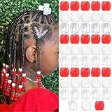 Kotkiddy 48 Stück Perlen Haarperlen Zopf Accessoires für Kinder Mädchen Süss Loc Perlen Haardekoration Schmuckmacher Set mit Werkzeug (Rot Weiß Transparent)