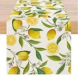 ViaElayu Tischläufer Zitronen Deko Modern Tisch Läufer Frühling Sommer Gelb Orange Zitronen Tischdeko Table Runner Grün Blatt Blume Bauernhaus Abwaschbar Küche Esstisch Dekoration 40x180 cm