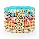 Sahoottie 7 Stück Stapelbares Freundschaftsarmbänder Set für Damen Mehrfarbig Polymer Clay Perlen Armbänder Bohemian Stil Surferarmband Damen Sommer Strand Schmuck Set