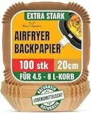 Airfryer Backpapier 100 Stück - 20-24 cm - Ungebleichte, Antihaft, Wasserdicht, Ölfest Backpapier für Heißluftfritteuse für 4,5L-8L Körbe heißluftfritteuse, Ideal für Ofen, Pfannen und Backen