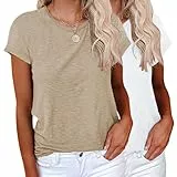 YUTILA 1er/2er Pack Tshirt Damen Sommer Casual Basic Shirt Einfarbig Kurzarm Tee aus 100% Baumwolle Tops Oberteile Rundhals Locker Lässig T Shirt