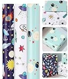 heuchaey 3 Rollen 43 cm x 3 m Weltraum Geschenkpapierrollen, Geschenkpapier Kinder, Geburtstags-Geschenkpapier für Jungen, Mädchen, Ideal für Geschenkverpackungen und Weltraum-Mottopartys