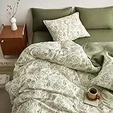 Tospass Blumen Bettwäsche 155x220 cm Olivgrün Weiß Blätter Pflanzen Muster Bettwäsche Set Floral Bettbezug Mikrofaser Wende Bettwäsche 1 Deckenbezug mit Reißverschluss 1 Kissenbezug 80x80 cm