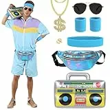80er 90er Jahre Outfit Damen Herren Sommer - Retro Trainingsanzug Kurz Kostüm Set mit Bauchtasche, Aufblasbare Boombox & Accessoires - 80s Jogginganzug für Festival, Karneval, Mallorca Mottoparty (M)