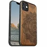 Carveit Magnetisch Hülle für iPhone 12 [Elegante Nussbaum] [Weich TPU Stoßstange] Stoßfeste Handyhülle Kompatibel MagSafe mit 12 Hülle Holz （Blumen-Mandala）