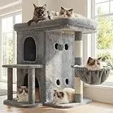 Heybly Kratzbaum, 65 cm Hoher Katzenbaum mit Extra-Großer Plattform, Gestuftes Katzenmöbel mit Doppelhaus, Inklusive Sisal-Kratzsäule, Katzenkorb und Spielzeug für Katzen, Hellgrau HCT204SW