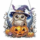 MLPKOI Halloween Diamond Painting Anhänger Eule mit Kette, Diamant Malerei Bilder Kristall Anhänger, Diamond Painting Fensterbilder Eule Kürbis Herbst Deko Fenster, Tür Fenster Wand Eingang Decor