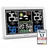 Newentor Wetterstation Funk mit Außensensor - Lebenslange Außensensor-Garantee - Lebendiges VA-Display für 330°Ablesbarkeit - Dauerhafte Beleuchtung, Weiß