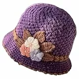 Muorruo French Thicken Damen Blumen Strick-mütze Modische Beanie-Mütze Häkel-Eimermütze für den Winter, Blumenhäkel-Vintage-Mütze Hohlmütze Atmungsaktive Strick-Totenkopfmütze, Lila
