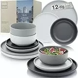 SÄNGER Leeds | Steingut Geschirr Set 12 teilig, Teller Set 4 Personen, Geschirrset 4x Speiseteller 4x Dessertteller 4x Schalen, Tafelservice bunt kratzfest | VALUE COLLECTION