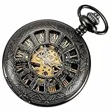 ManChDa Taschenuhr - Taschenuhr mit Kette Mechanisch Skelett Antik Steampunk Vintage 12-Kleines-Fenster Hohl Fall Fob Uhr für Herren | Schwarz Gold römische Ziffern