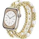 VISOOM Perlenarmband kompatibel mit Apple Watch Armband 38mm/40mm/41mm/42mm(S10/11) Damen, Edelstahl Beaded Mode Elegant Perle Schmuck Armband für iWatch Series SE3/2/1 9 8 7 6 5 4 3 2 1-Gold groß