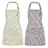 Livdouyu 2 Stück Kochschürzen für Damen mit Blumenmuster, 73x65 cm Küchenschürze mit Tasche, Komfortable Gartenschürze für Küche, Haushalt und Garten (Blau & Grün)