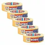 tesa Präzisionskrepp 4344 Standard - 5er Pack - Professioneller Malerkrepp mit dünnem Papierträger - zum präzisen Abkleben und Abdecken - orange - je 50 m x 30 mm