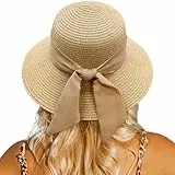 lifwimner Strand Sonnenhut Damen, Strohhut Sommer Faltbar mit Breite Krempe, Bowknot Strohhüte Sommerhut Leicht für Strand Urlaub Reise (DE/NL/SE/PL, Alphanumerisch, M, Khaki)